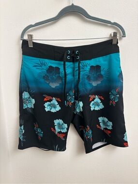 Burnside Men's Black & Teal Tropical Floral Swim Trunks Drawstring Waist 30